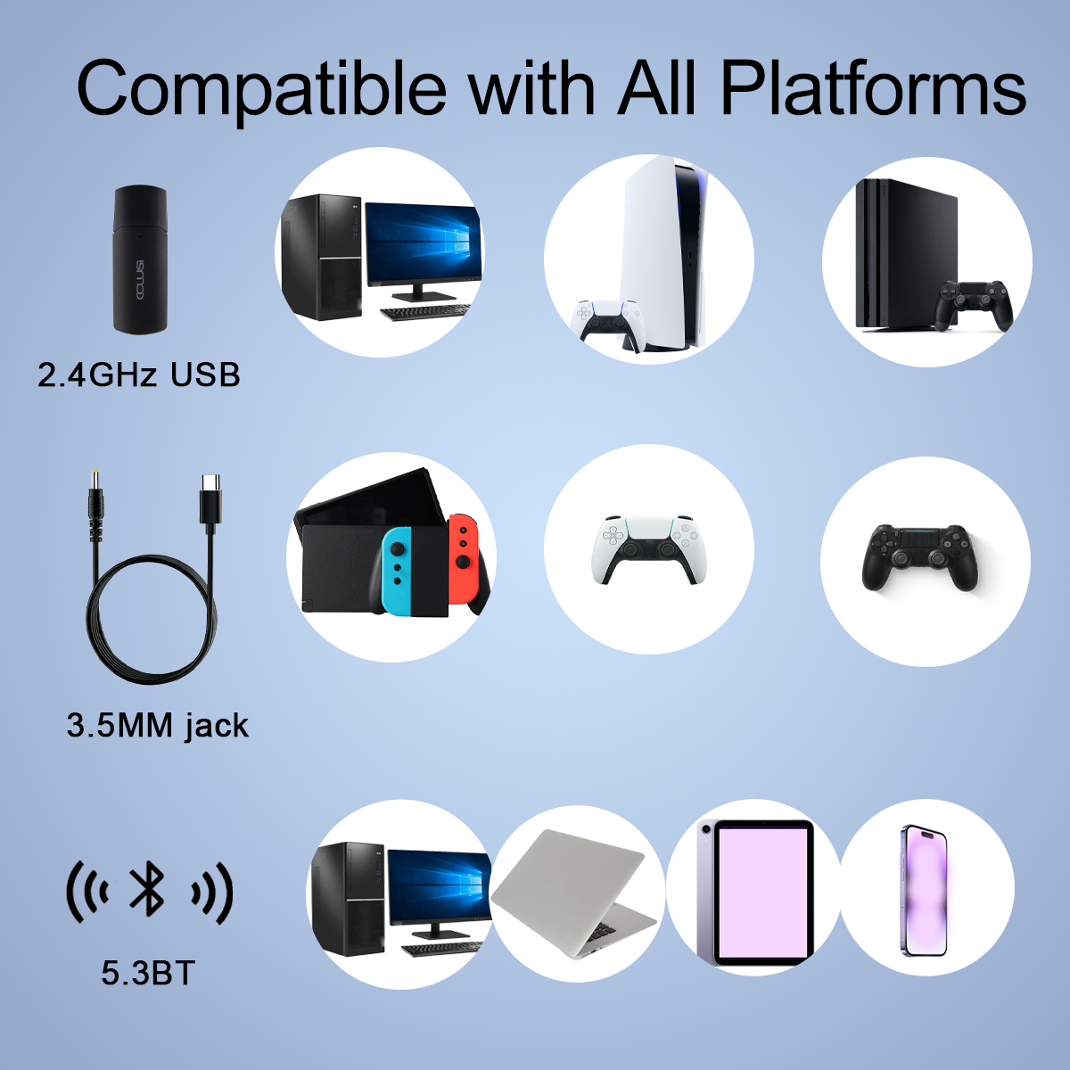 Wireless Gaming Headset with Noise Cancelling Microphone 48 Hours Battery, Bluetooth 5.3 Gaming Headset, 2.4GHz, for PS5/PS4 PC, Laptop, Mac