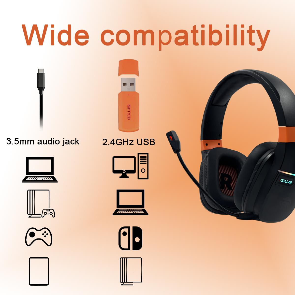 X07 Wireless Gaming Headset for PS5/4 Xbox, 2.4GHz Wireless Gaming Headphone, 90° Swivel Earcups with Mic Noise Cancellation Black+orange