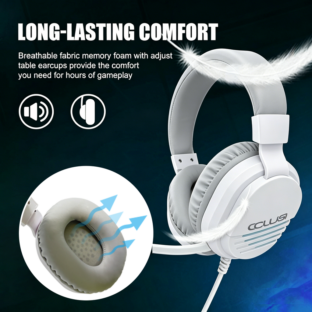 CLS500 White Gaming Headset with Noise Cancelling Mic for PC PS5 PS4 Xbox One Mac Switch, Over-Ear Headphones with Bass Surround,  Soft Memory Earmuffs