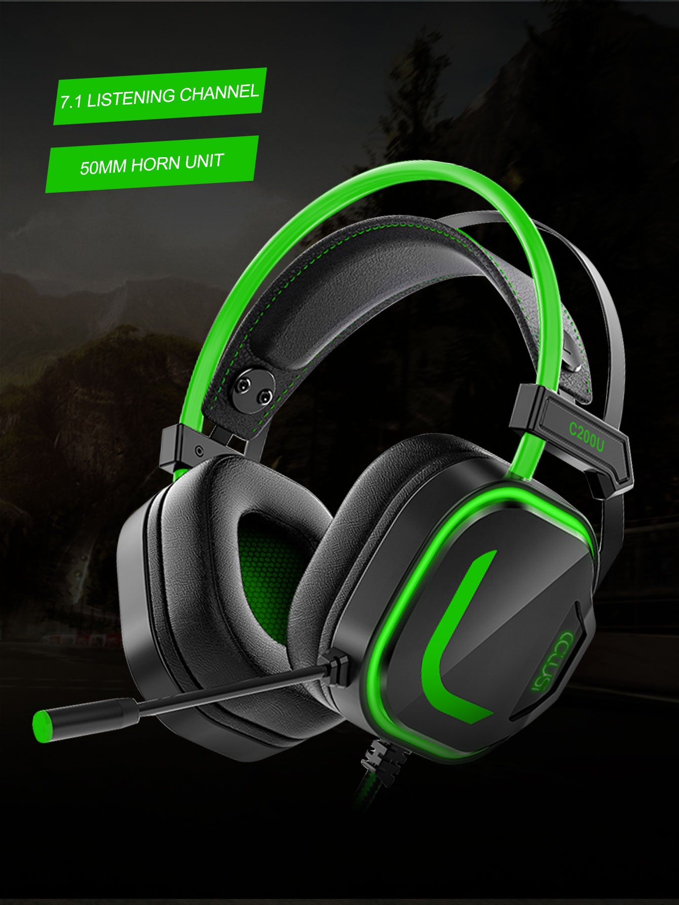 C200U Wired 7.1 Gaming Headset With Double-Beam Adaptive Headband, Noise Canceling Mic, Virtual Stereo Surround Sound, For Tablets/Laptops/Desktops/PC-green