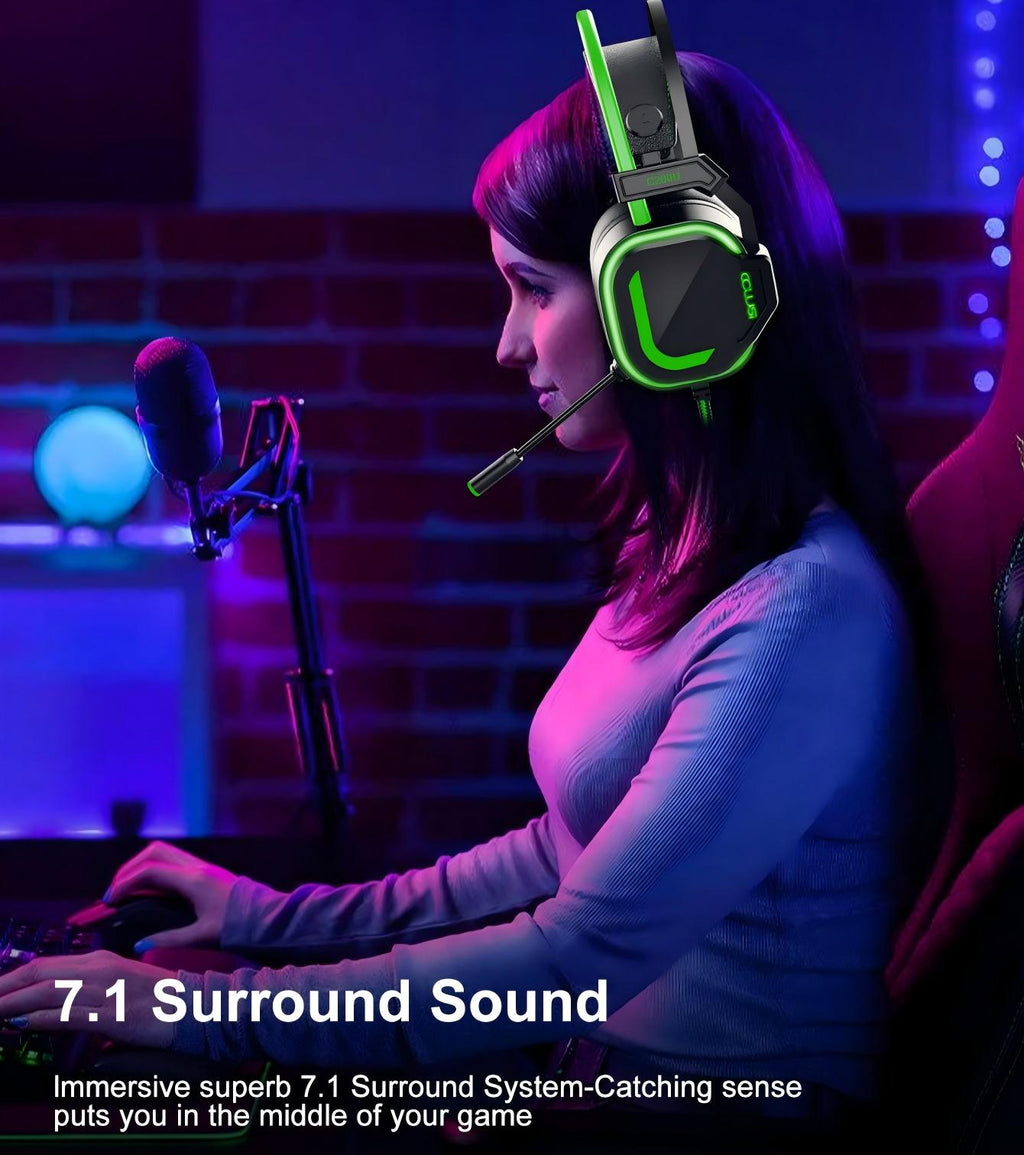 C200U Wired 7.1 Gaming Headset With Double-Beam Adaptive Headband, Noise Canceling Mic, Virtual Stereo Surround Sound, For Tablets/Laptops/Desktops/PC-green