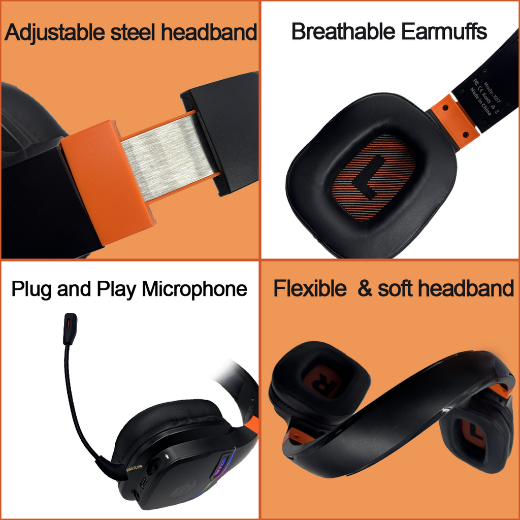 X07 Wireless Gaming Headset for PS5/4 Xbox, 2.4GHz Wireless Gaming Headphone, 90° Swivel Earcups with Mic Noise Cancellation Black+orange