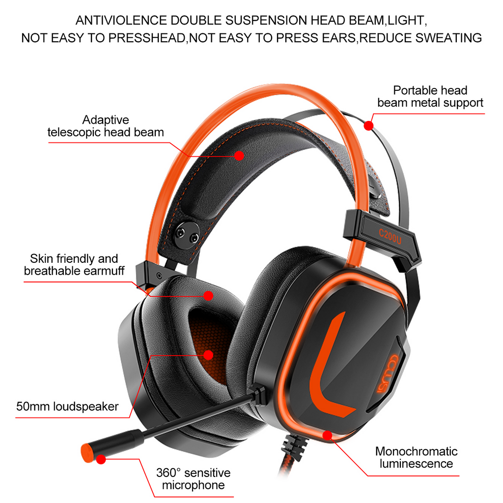 C200U  7.1 Surround Sound Gaming Headset with for PS5, PS4, Xbox Series X/S, Xbox one, Stereo Headphones with Comfortable Ergonomic Earmuff ,Noise Cancelling Mic-orange