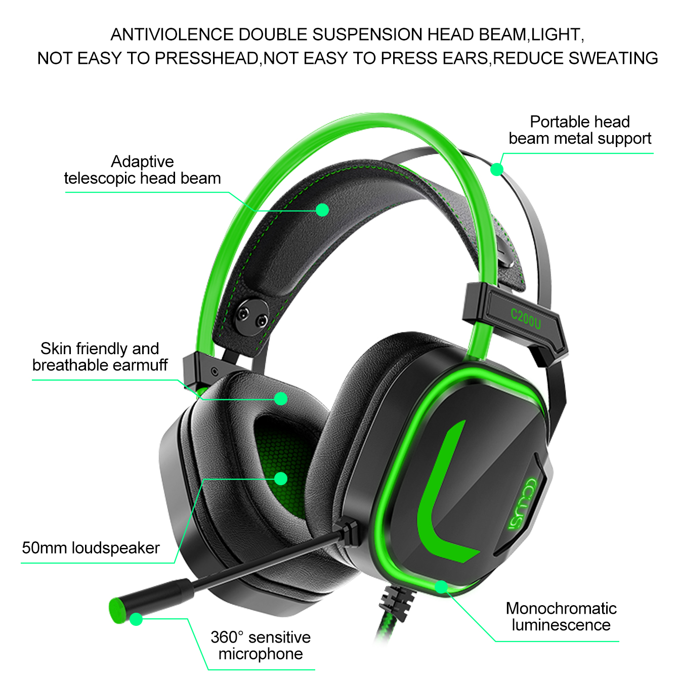C200U Wired 7.1 Gaming Headset With Double-Beam Adaptive Headband, Noise Canceling Mic, Virtual Stereo Surround Sound, For Tablets/Laptops/Desktops/PC-green