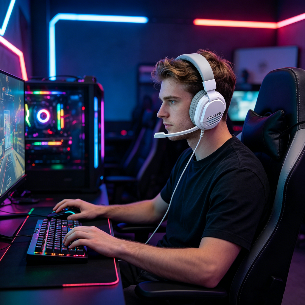 CLS500 White Gaming Headset with Noise Cancelling Mic for PC PS5 PS4 Xbox One Mac Switch, Over-Ear Headphones with Bass Surround,  Soft Memory Earmuffs