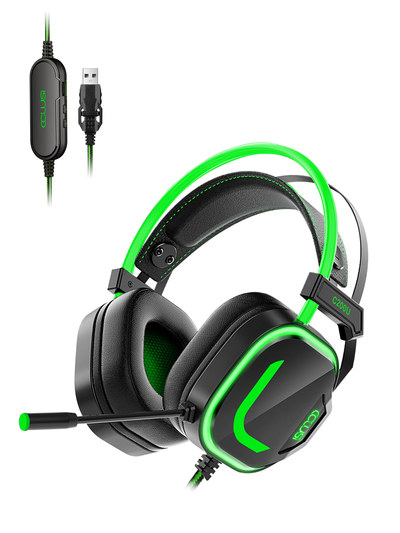 C200U Wired 7.1 Gaming Headset With Double-Beam Adaptive Headband, Noise Canceling Mic, Virtual Stereo Surround Sound, For Tablets/Laptops/Desktops/PC-green