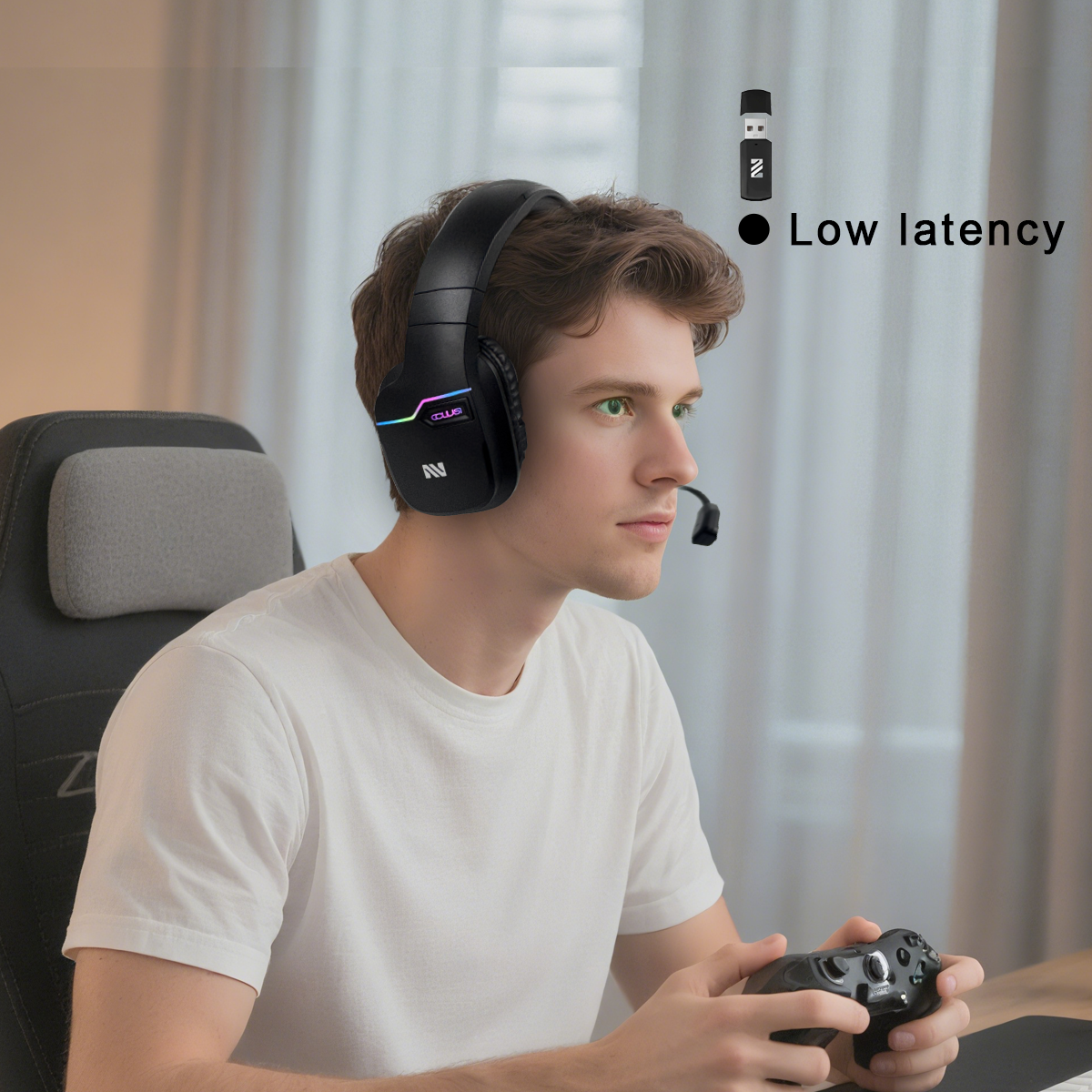Dual-connect 2.4G and Bluetooth wireless headset for PS4/5, Xbox, PC, 30-hour battery life gaming headphone, pluggable noise-canceling mic.