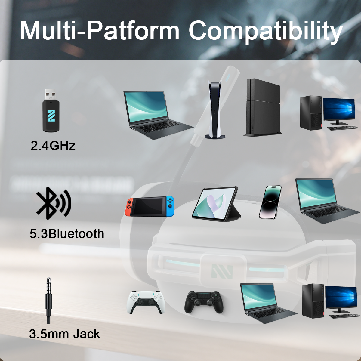 M600 Wireless Gaming Headset for PS5, PC, Laptop - 2.4G Wireless & Bluetooth 5.3 Dual Connection, 48H Battery Life, Gaming Headphone Foldable Over-Ear with Microphone
